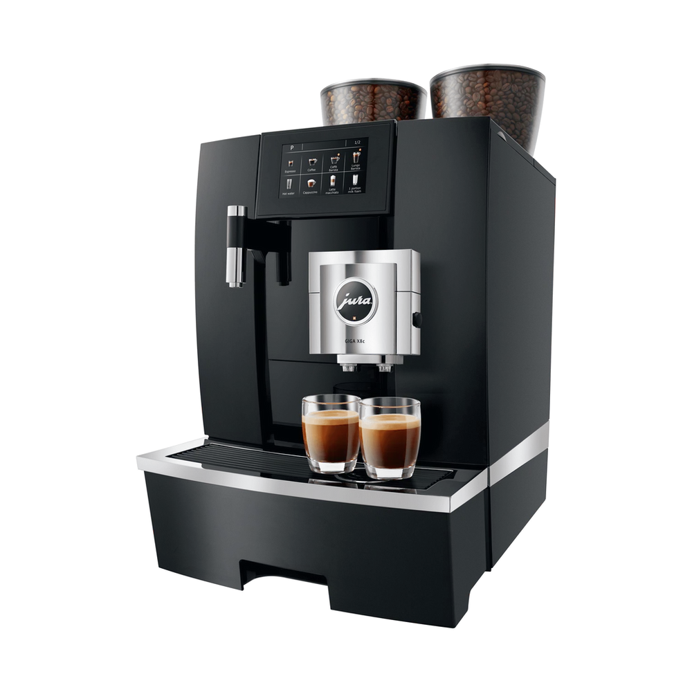 JURA GIGA X8c – de beste volautomatische koffiemachine voor professioneel gebruik, met nieuw binnenwerk, robuuste combi-uitloop en intuïtieve touch display. Inclusief gratis dealerpakket.